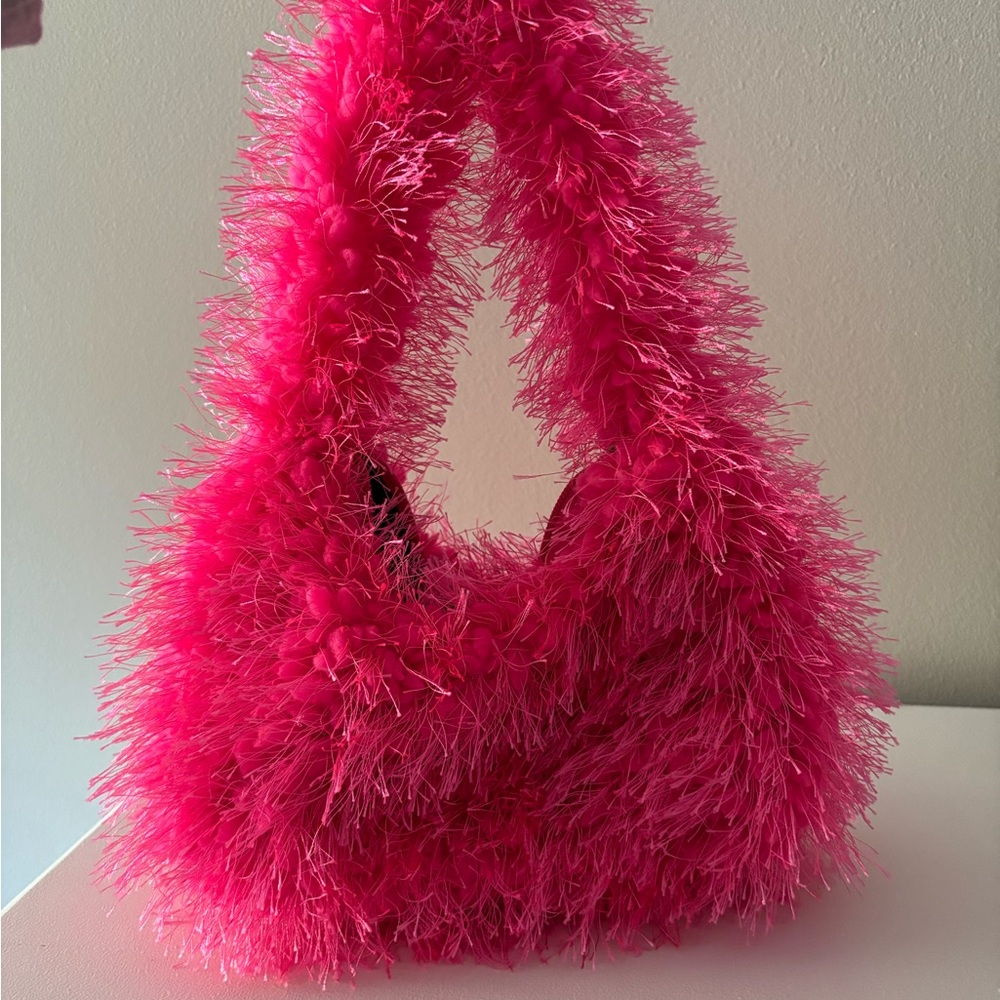 Pink Fluffy Bag with Zipper pocket